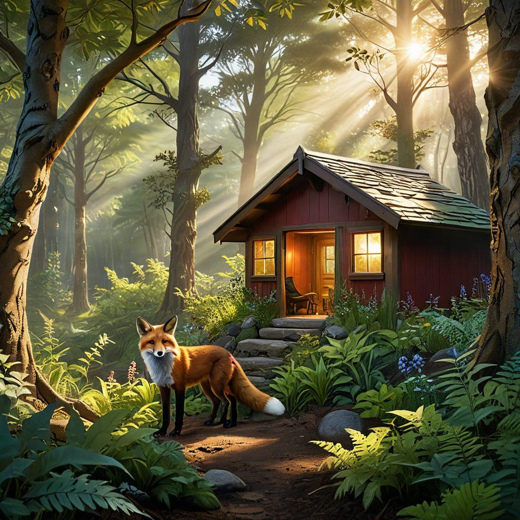 A vibrant forest scene with a fox gently caring for a small injured animal, symbolizing guardianship. Surrounding flora and fauna thrive, showcasing a healthy ecosystem. Soft sunlight filters through the trees, highlighting the harmony between wildlife and care services. Include elements like a shelter in the background and community volunteers in action. super-realistic. vibrant colors. nature-inspired.