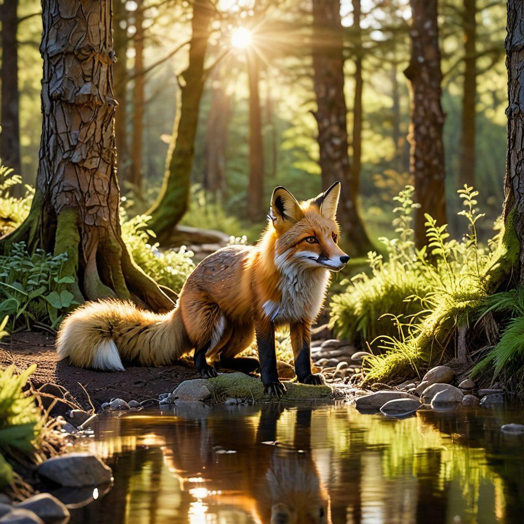 A serene forest scene with a gentle stream flowing, where a rehabilitated fox is playfully interacting with a caregiver. The caregiver is wearing a warm smile and has supplies for animal care beside them, such as a food bowl and medical kit. Soft sunlight filters through the trees, highlighting the lush greenery and the repaired fox's vibrant fur. Emphasize elements of healing and nurturing in a tranquil setting. super-realistic. vibrant colors.